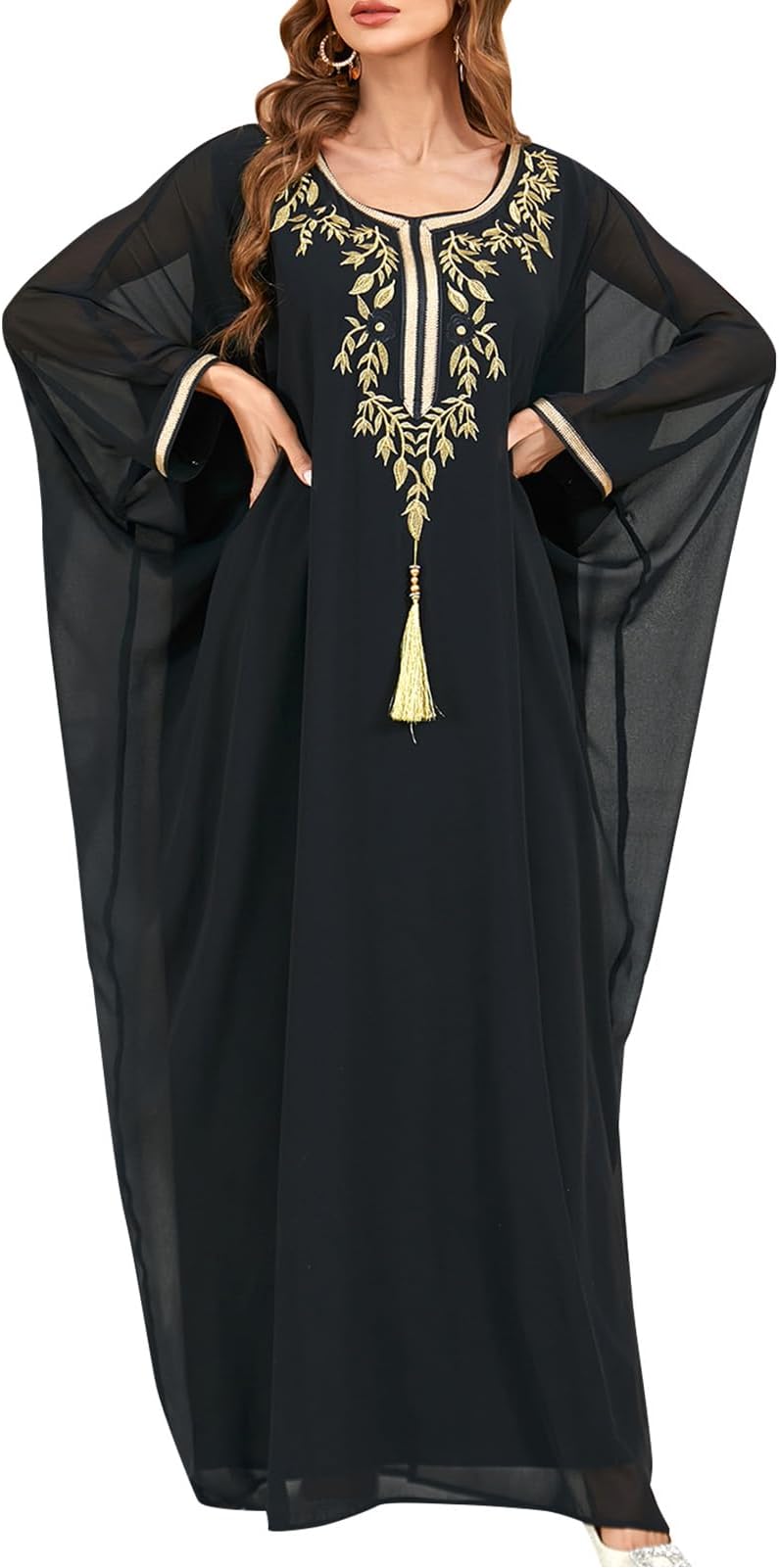 OBEEII Muslim Dress for Women Loose Batwing Sleeved Hooded Beaded Embroidery Long Abaya Dress Kaftan Abayas Islamic Robe