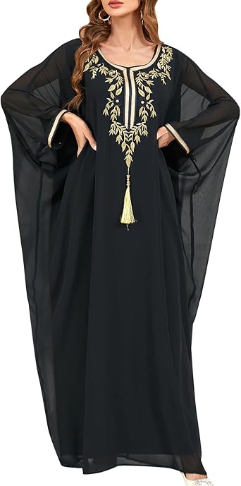 OBEEII Muslim Dress for Women Loose Batwing Sleeved Hooded Beaded Embroidery Long Abaya Dress Kaftan Abayas Islamic Robe