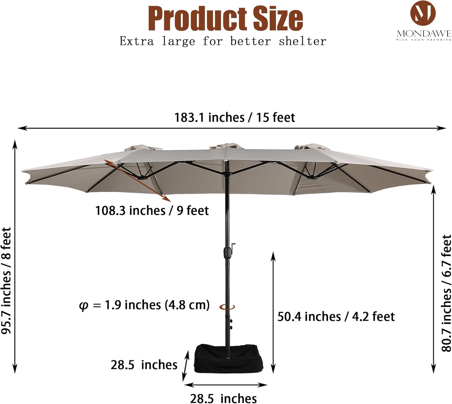 MONDAWE 15ft Patio Umbrella with Base Included Large Outdoor Double Sided Umbrella Rectangular Aluminum Market Table Umbrella with Crank, Study 12 Ribs, for Backyard Poolside Desk