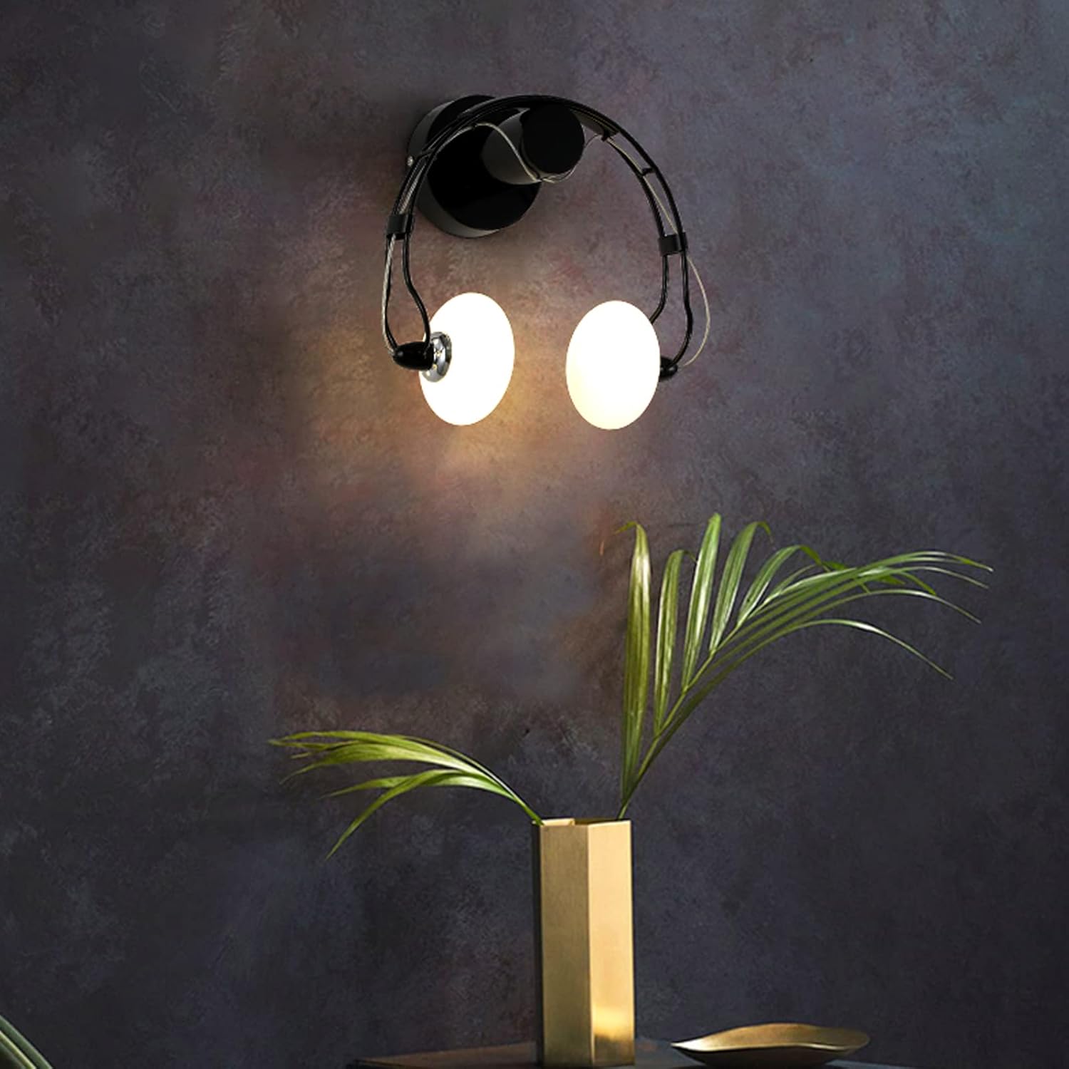LED Wall Light Fixtures Creative Headphone Shape Mini Wall Sconces Lighting Indoor Modern Cartoon Metal Iron Bedside Lamp Decor Art Glass Wall Lamps Bedroom Children Gift 2×G4 Black