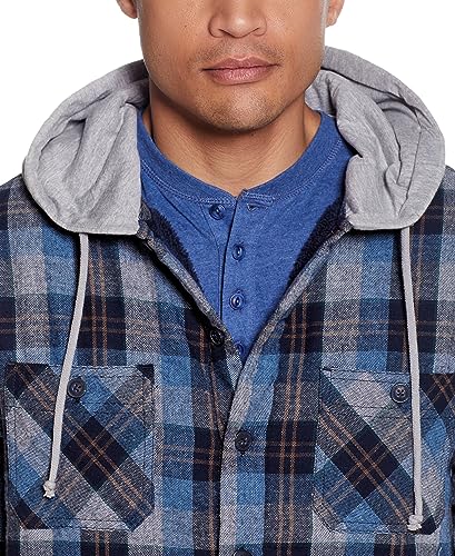 Image of Weatherproof Vintage Mens Hooded Sherpa Lined Soft Brushed Plaid Button-Down Shirt Jacket (Blue, Small)
