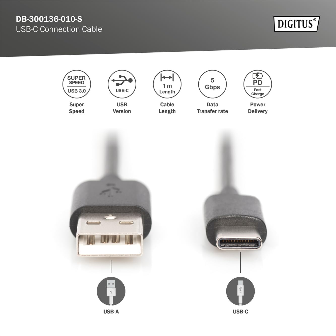 Digitus USB 3.2 Gen1 Connection Cable - 1.0 m - USB A (Male) to USB C (Male) - 5 Gbit/s - Connection Cable - Blister - Black