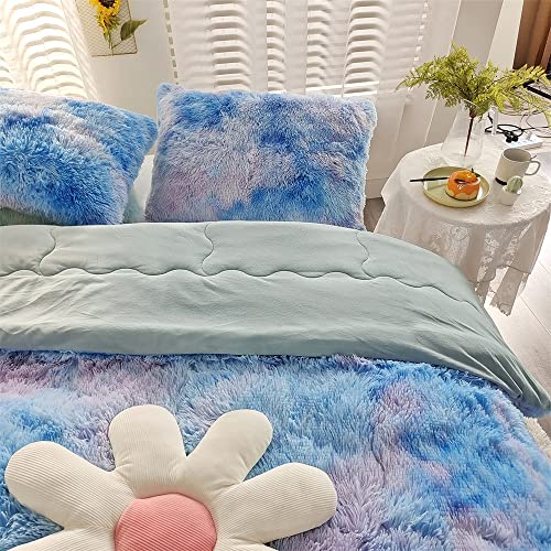 Roscloud Faux Fur Kids Girls Blue Rainbow Comforter Sets Twin/Full - 3Pc Bed Set Warm Comfortable Soft Plush Flannel Velvet Fluffy Fuzzy Bedding（Comforter X 1 Pillowcases X 2） #TOP1