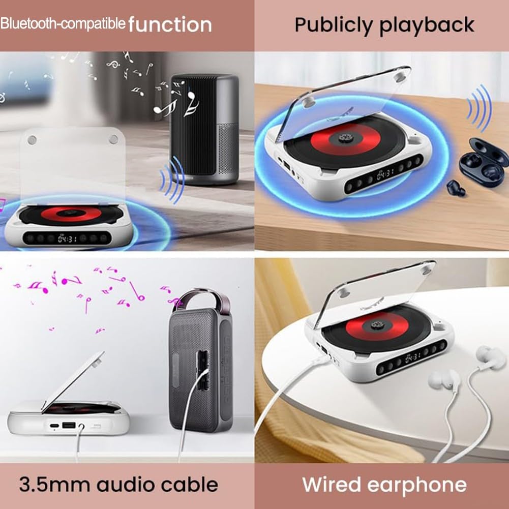Reproductor de CD compacto portátil con transmisión inalámbrica - para reproductor de música alimentado por batería para coche y hogar - Pantalla LED antideslizante negro (blanco)
