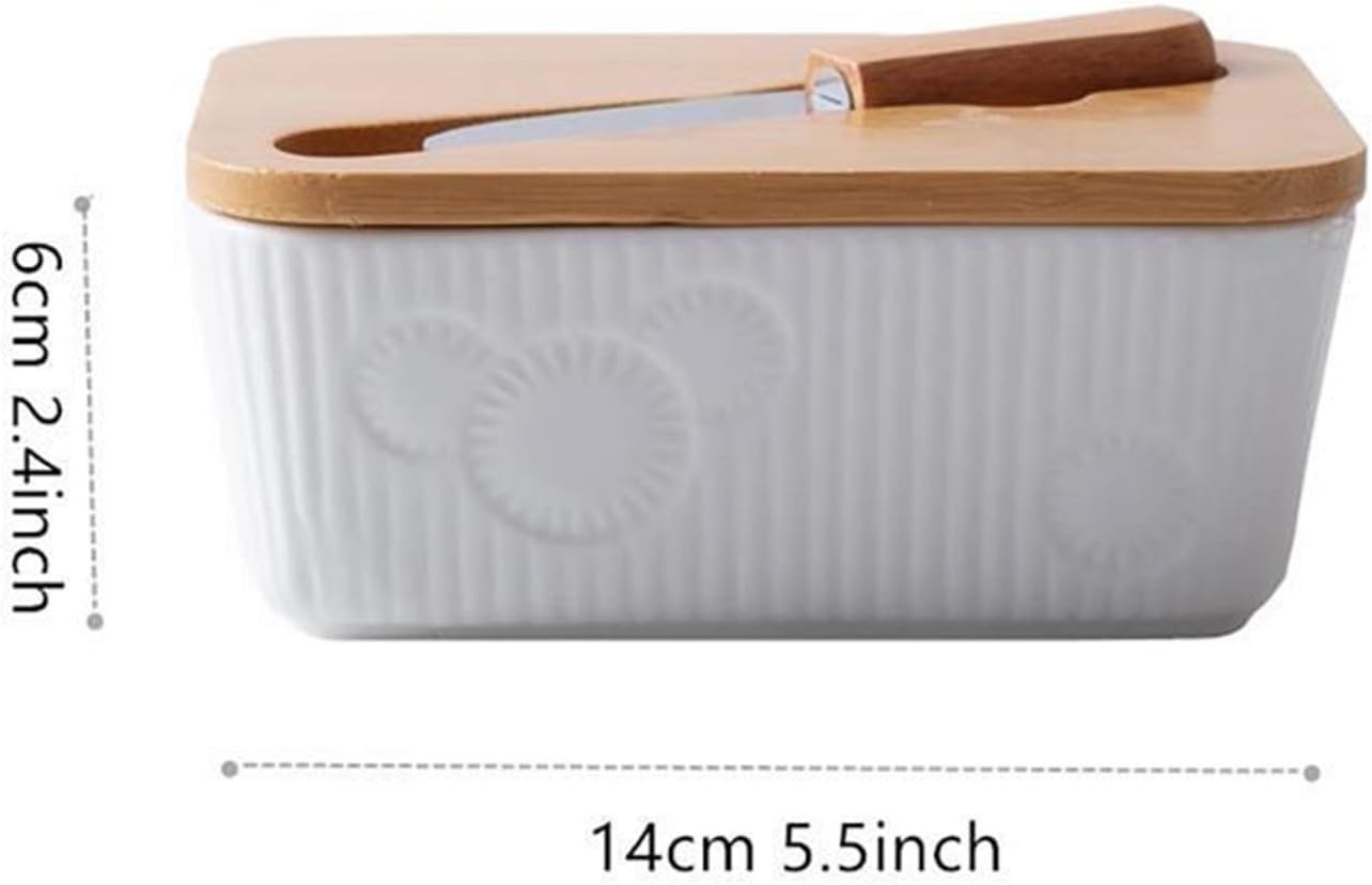 butter dish Nordic Butter Sealing Box Ceramic Butter Plate with Wood Lid Cheese Storage Tray Butter Dish Container Box for Countertop (White) Butter Plate