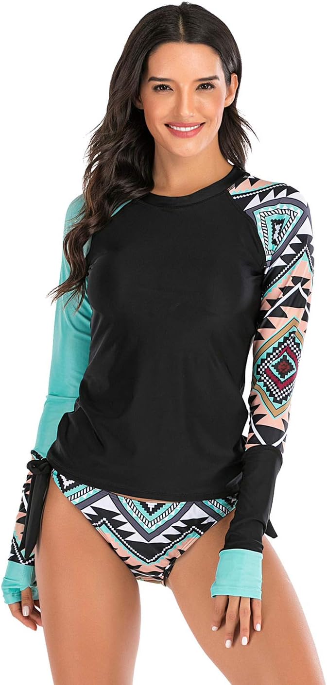 FEOYA Women Long Sleeve Swimsuit UV Sun Protection Rash Guard Two Piece Printed Surfing Swim Bathing Suit
