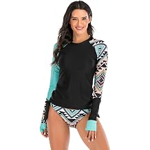 FEOYA Women Long Sleeve Swimsuit UV Sun Protection Rash Guard Two Piece Printed Surfing Swim Bathing Suit