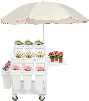 Metal Garden Cart Plant Stand with 18pcs Buckets, Flower Cart With Parasols, Slide Out Rolling Flower Display Rack, for Florist, Patio Garden, Weddings Party, Business Market White