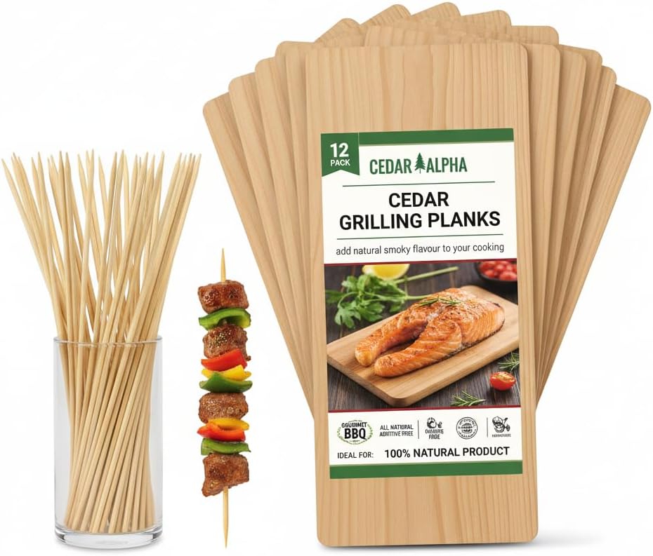 CEDAR ALPHA 12 Pk Canada Cedar Planks & 100 pcs Bamboo Skewer for Grilling Salmon, Meat Fish and Veggies. Cedar Grilling Planks for Clearance(11.8 ''X5.5, Natural Cedar Wood)