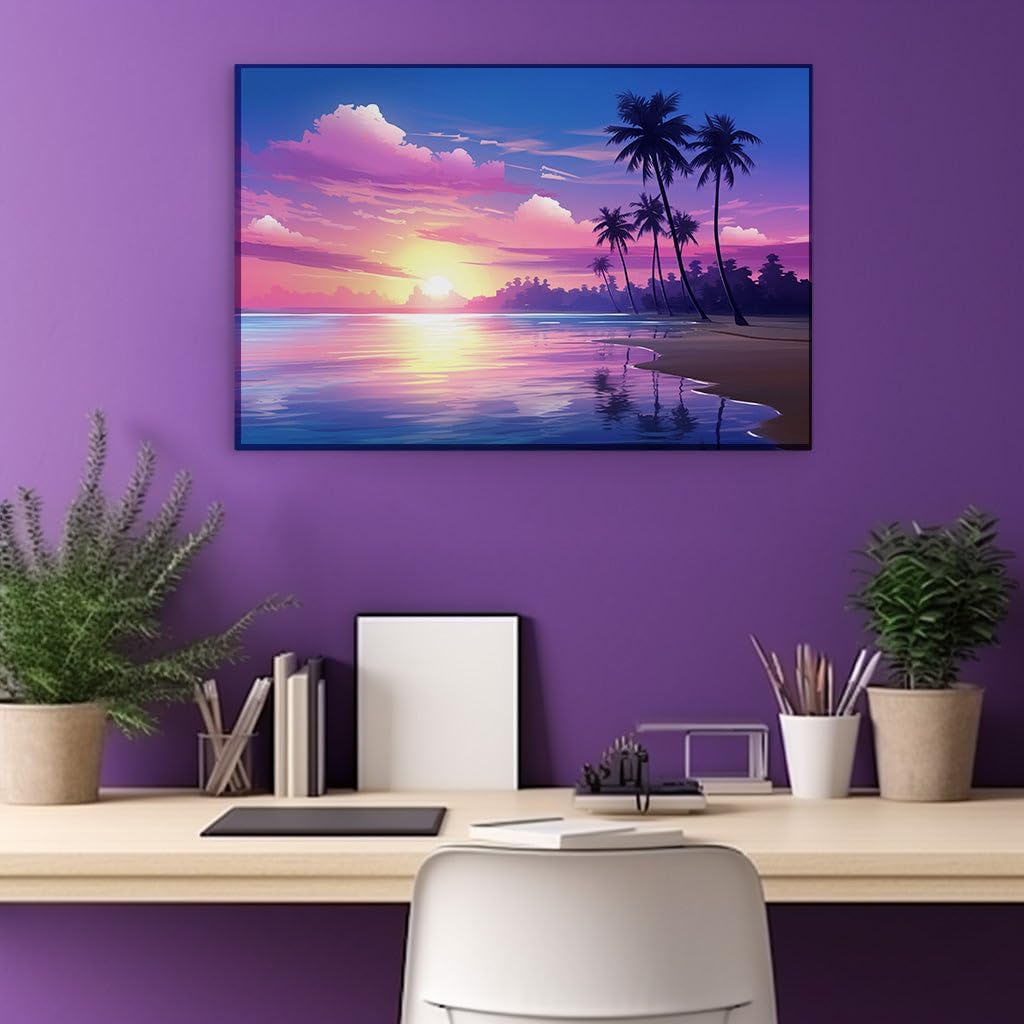 Canvas for Living room. Sunset Serenity: A Palette of Rose and Purple Over a Calm Seashore, 27 x 18 inch Canvas Wall Art - Contemporary Masterpieces - Modern Home Decor - 69x46 cm (27x18 inch)