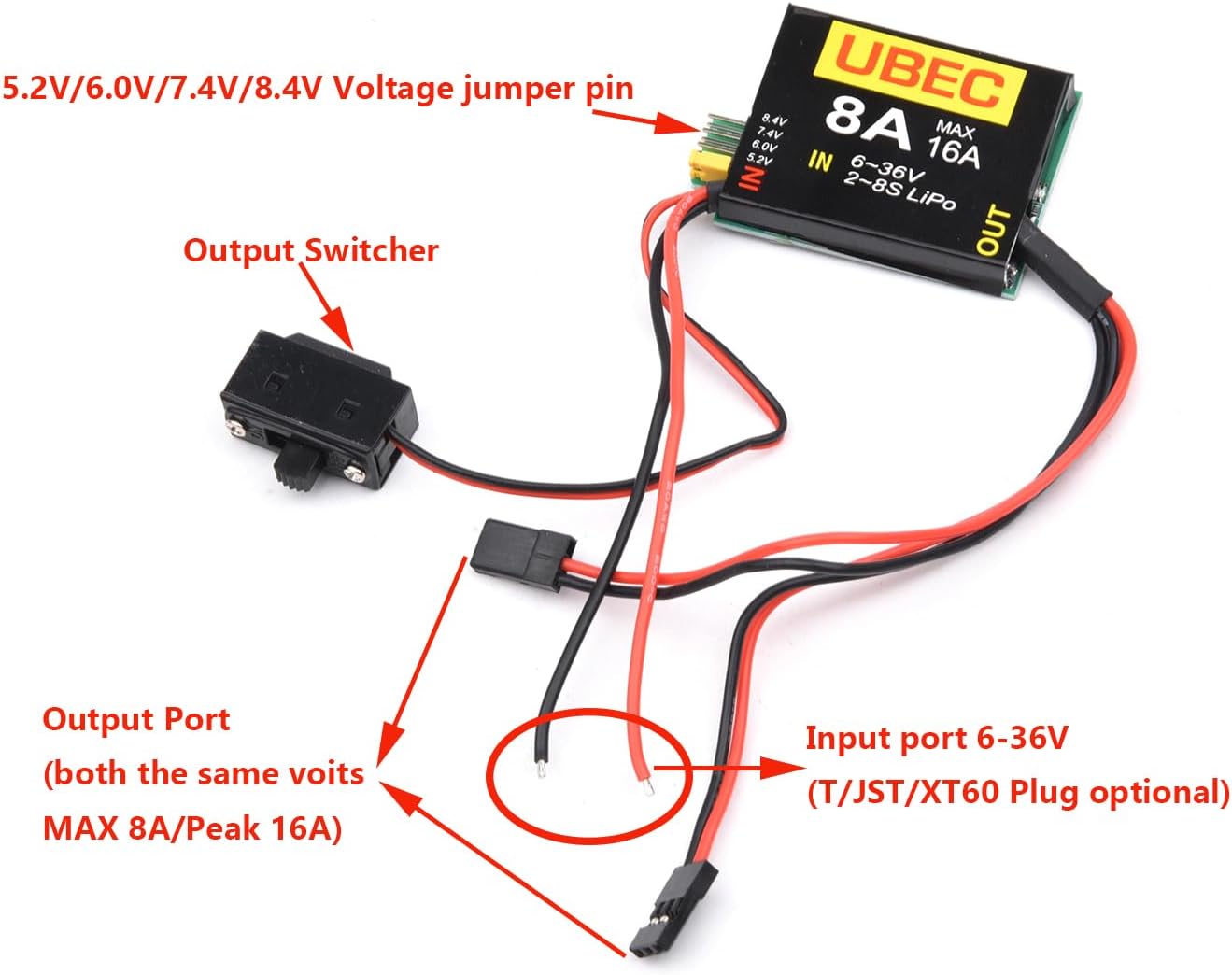 Readytosky UBEC-8A 2S-8S 6-36V 8A BEC 5.2V/6.0V/7.4V/8.4V Servo Separate Power Supply for RC Car Fix-Wing Airplane Robot Arm