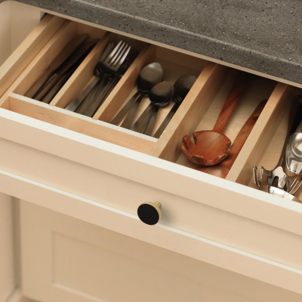 Goo-Ki Exquisite Elegance: Brushed Brass Cabinet Knobs with Black Leather Accents - Luxury Drawer Pulls for Sophisticated Décor