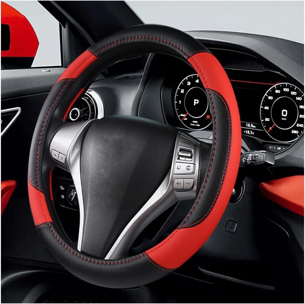 XINLIYA Leather Car Steering Wheel Cover, Universal 15 Inch for Car Truck SUV, Non-Slip and Breathable, Sport Style Design Odorless Steering Wheel Protector, Automotive Interior Accessories(Red)