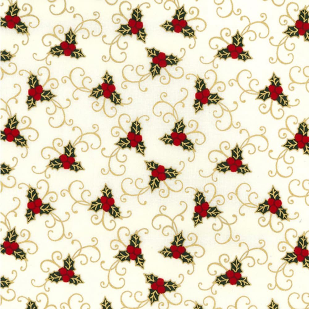 100% Cotton Fabric Rose & Hubble Christmas Holly Berries Vines Xmas 135cm Wide (Price Per Metre) (Ivory)