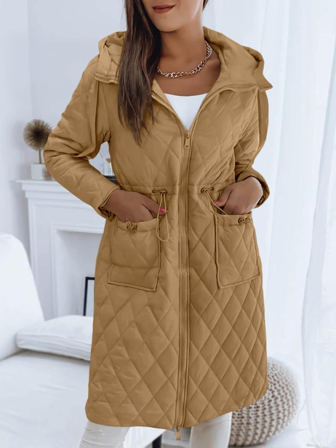 Imily Bela Womens Long Quilted Puffer Jacket Lightweight Zip Up Hooded Drawstring Winter Coats Outerwear with Pockets - Image 2