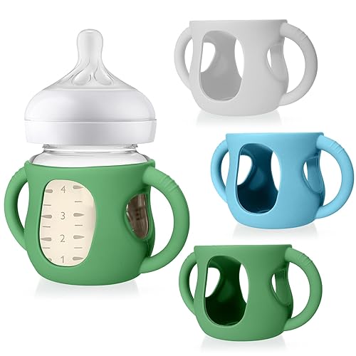Juome Silicone Sleeves with Handles for Avent Natural Glass Baby Bottle - 3 Pack Anti Breakage Holder for Phillips Avent Baby Bottles, Compatible with Philips Avent Anti Colic Baby Bottles 4 oz