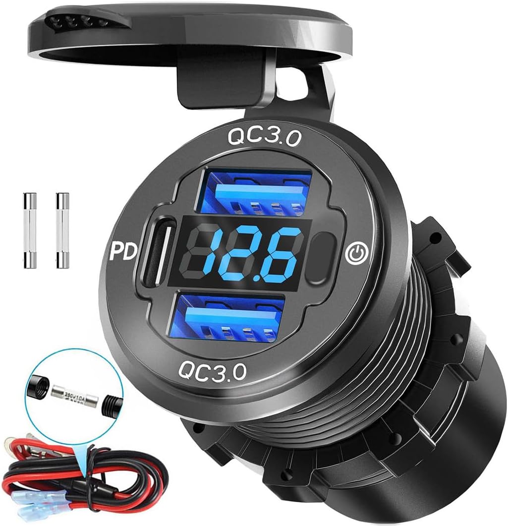 78W Triple-Port 12V USB Outlet with Voltmeter & Switch - PD3.0 & Dual QC3.0 Quick Charge Car Charger Socket, Aluminum Alloy Waterproof USB C Port for Car Boat Marine Motorcycle RV Truck ATV Golf Cart