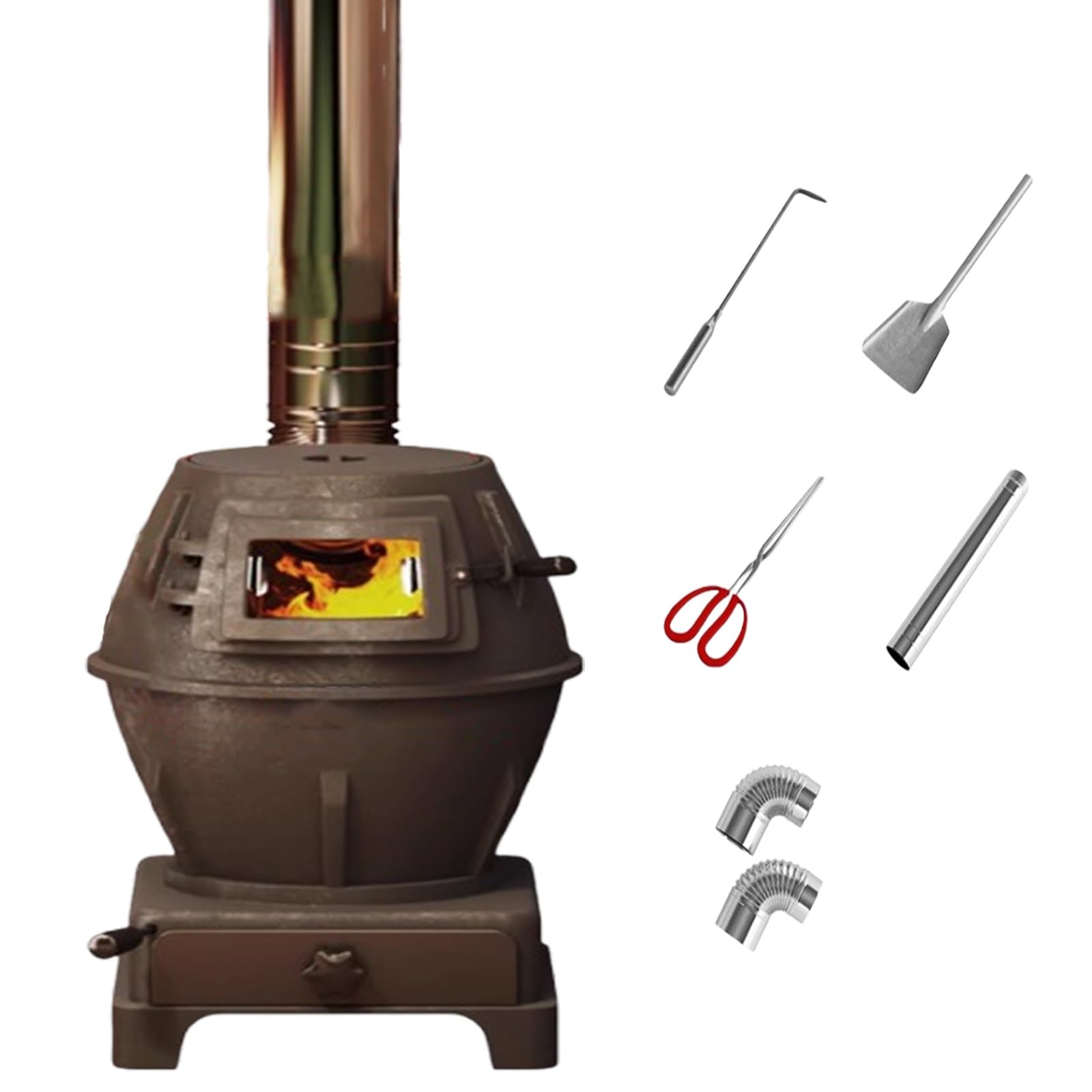 Stufa Multicombustibile Per Casa Per Riscaldare E Cucinare Con Coperchio Sigillato, Vetro Di Controllo & Cassetto Delle Ceneri, 2 Dimensioni Disponibili(300cm chimney,23 * 23 * 40cm)