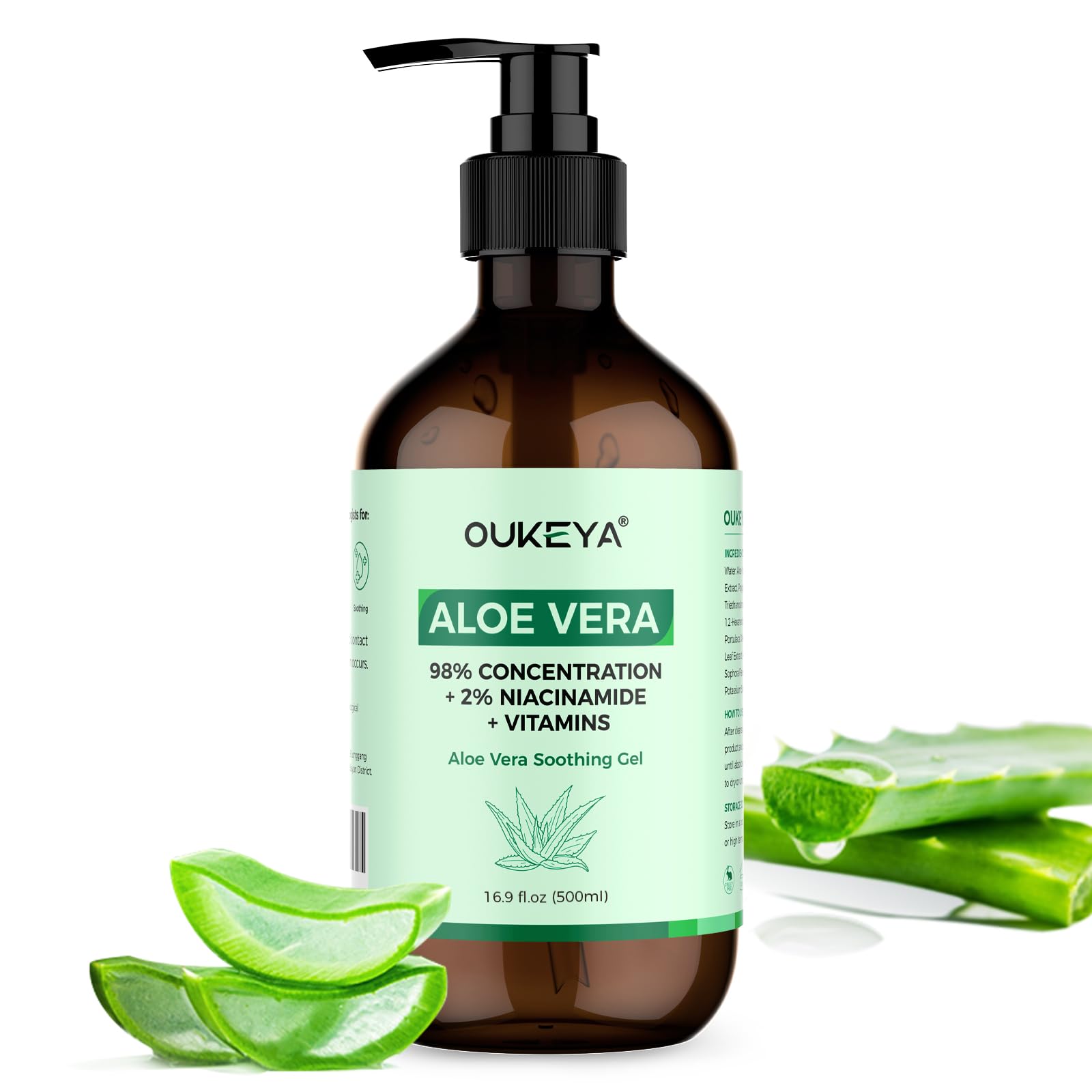 OUKEYA Aloe Vera Puro Gel 500ml + 2% Niacinamida, Para Cara, Cuerpo y Cabello, Para Quemaduras Solares, Rojeces y Piel Seca, Calma, Refuerza La Barrera Cutánea y Dermatológicamente Testado