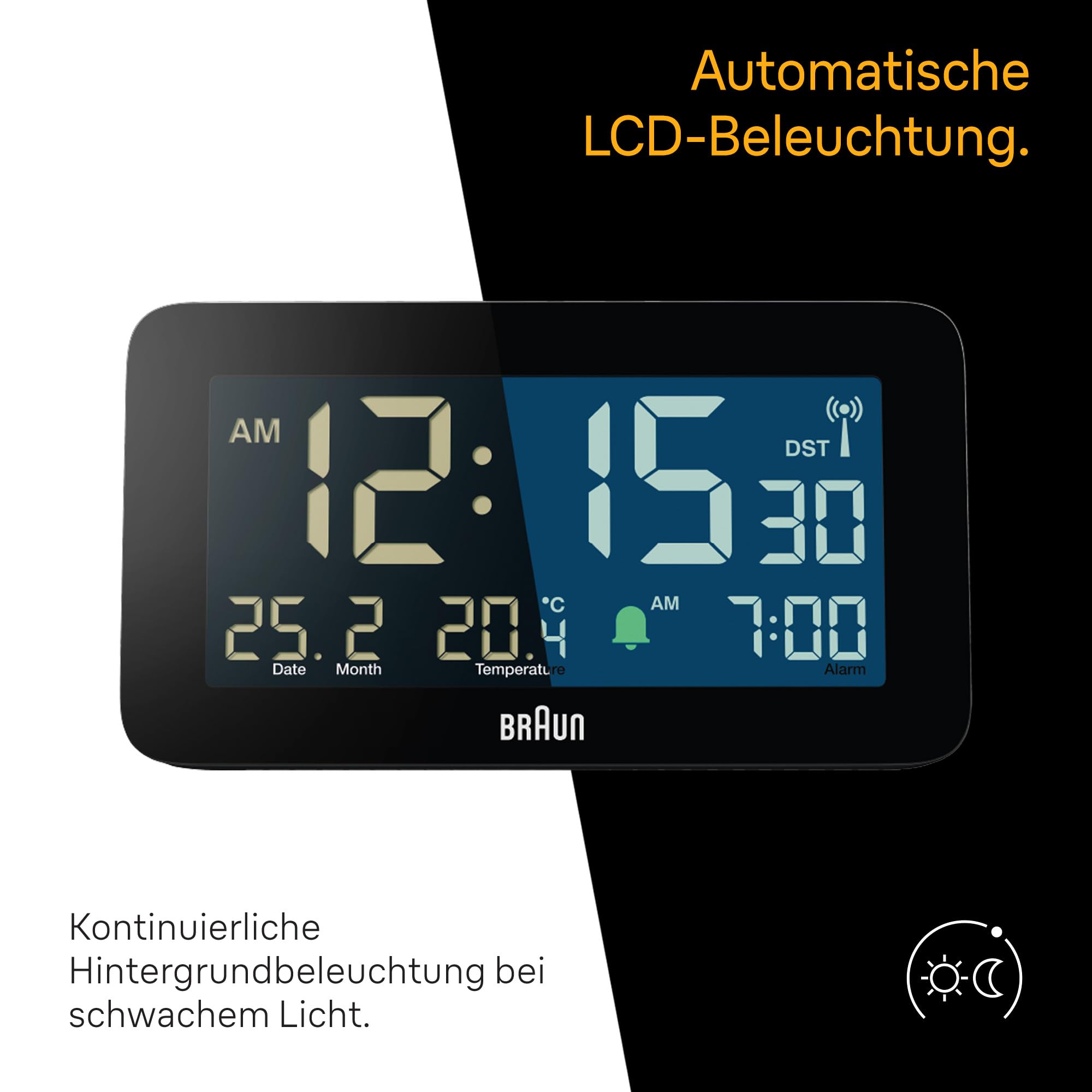 Braun Funk-Digitalwecker für die Mitteleuropäische Zeitzone (DCF) mit Datums-, Monats- und Temperaturanzeige, Negatives LCD-Display, Schnelleinstellung, schwarz, Modell BC10B-DCF