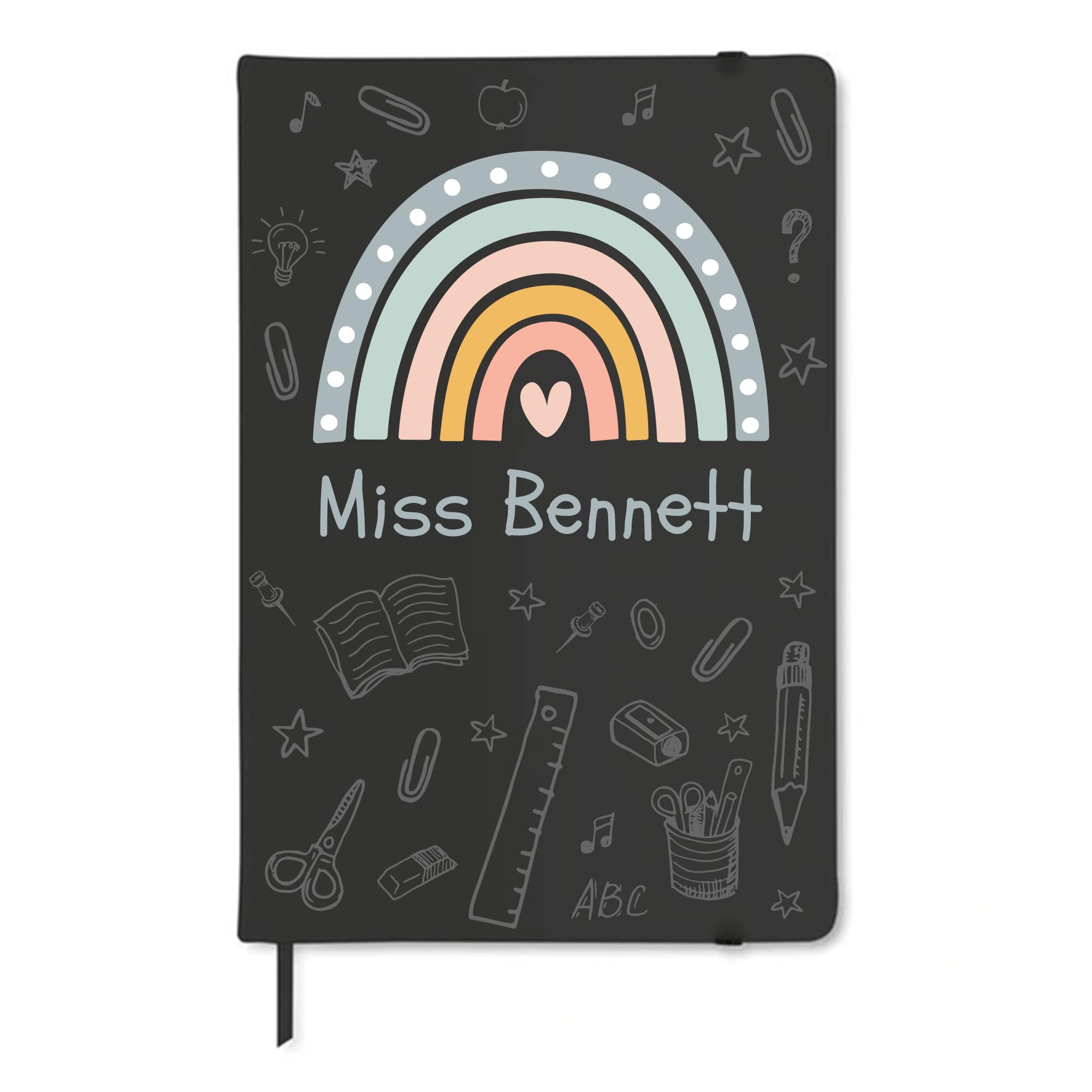 Chicken Craft Personalised Rainbow Teacher Notebook - Custom Name Gift for Teachers, Teaching Assistants, End of Term - A5 Lined Journal with Hard Cover & Bookmark (Black)