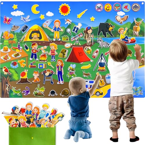 PENGFULL Camping Theme Felt Story Board Set,44 * 28in Flannel Board for Wall,65 Felt Pieces,Theme...