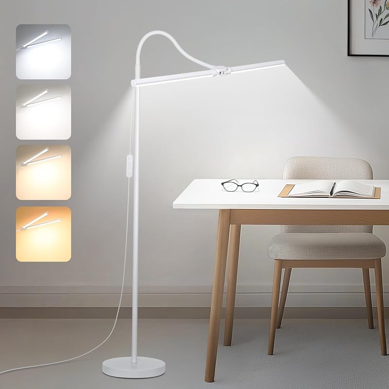 Lámpara de pie blanca, lámpara de pie LED brillante de 18 W/2000 lm para sala de estar, lámpara de trabajo de oficina de pie regulable con cuello de cisne ajustable para lectura, estudio, cuidado de ojos, luz de pestañas para coser tatuaje facial spa
