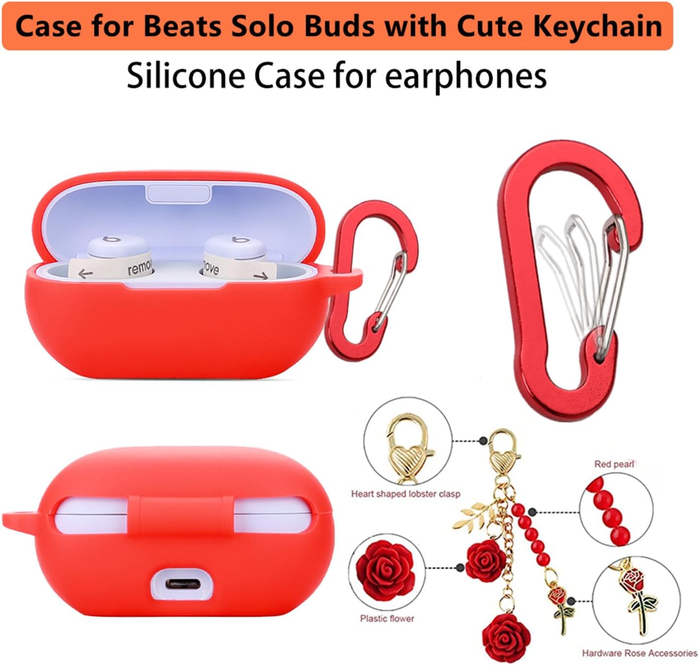 Case for Beats Solo Buds Case Cover with Flower Keychain, Cute Soft Silicone Shockproof Protective Skin Cases for Beats Solo Buds Wireless Earbuds with Carabiner for Women Girl (Green) - Image 5