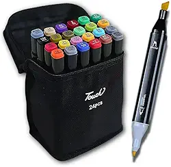 Kit de 24 Canetas Marcador Permanente Ponta Dupla Touch Coloridas para Desenho Profissional Escolar Infantil com Estojo Organizador Base Artista Canetinhas Hidrográficas Alcool Caneta para Colorir