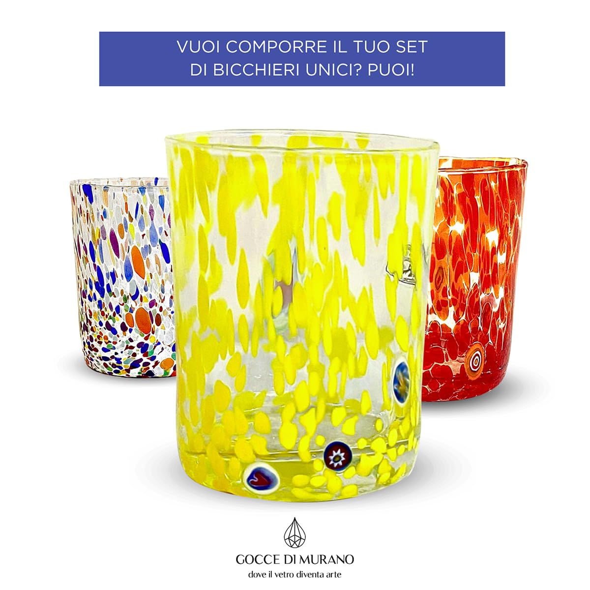 Gocce di Murano Un vaso de lluvia arco iris de cristal de Murano soplado 300 ml hecho a mano colorido paquete 2 copas de agua elegante y precioso (amarillo, 2)