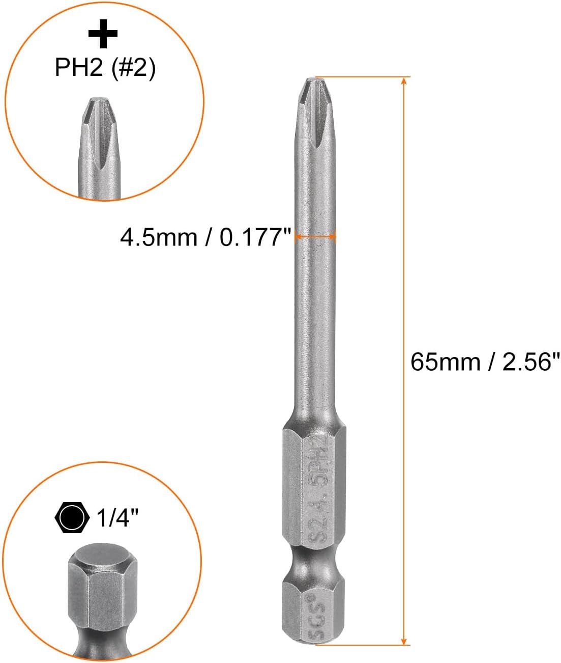HARFINGTON 6pcs #2 Phillips Screwdriver Bit PH2 1/4" Hex Shank 2.6" (65mm) Long Magnetic S2 Steel Industrial Grade Screw Driver Bit Cross Head Electric Drill Bits 0.18" (4.5mm) Rod