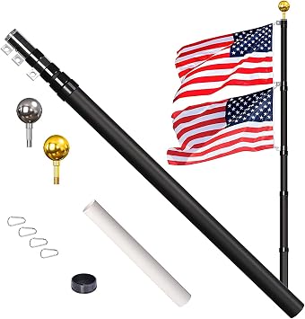 25ft Telescoping Flag Pole Kit, Heavy Duty Aluminum In Ground Telescopic Flag Pole with 3x5 American Flag, Outdoor Old Glory Flagpole Kits for Outside, Yard, Residential or Commercial, Black