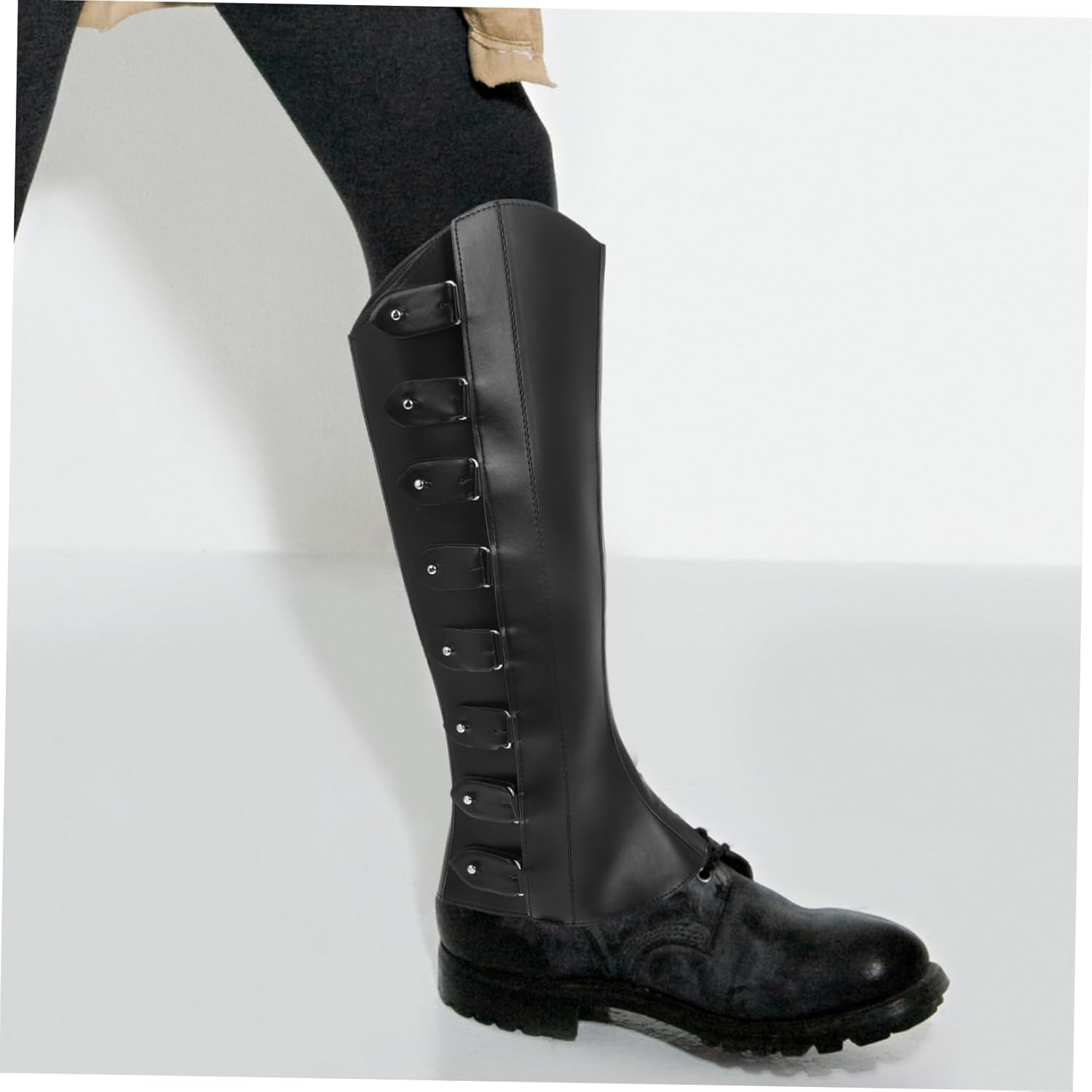 1pair Medieval Adjustable High Boot Covers for Cosplay and Renaissance Costumes Vintage Style Leg Gaiters for Steampunk and Pirate Themes Comfortable Fit for All Leg Types Black
