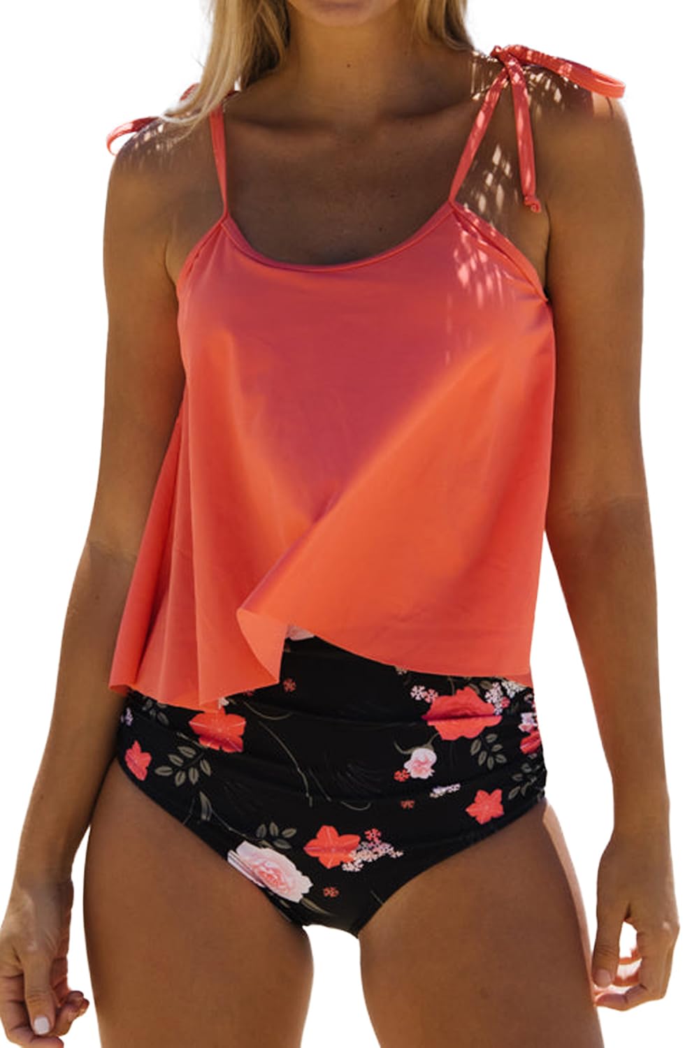 Beachsissi Damen Badeanzüge mit Hoher Taille Zweiteilig Blumendruck Gerafftes Tankini Sets