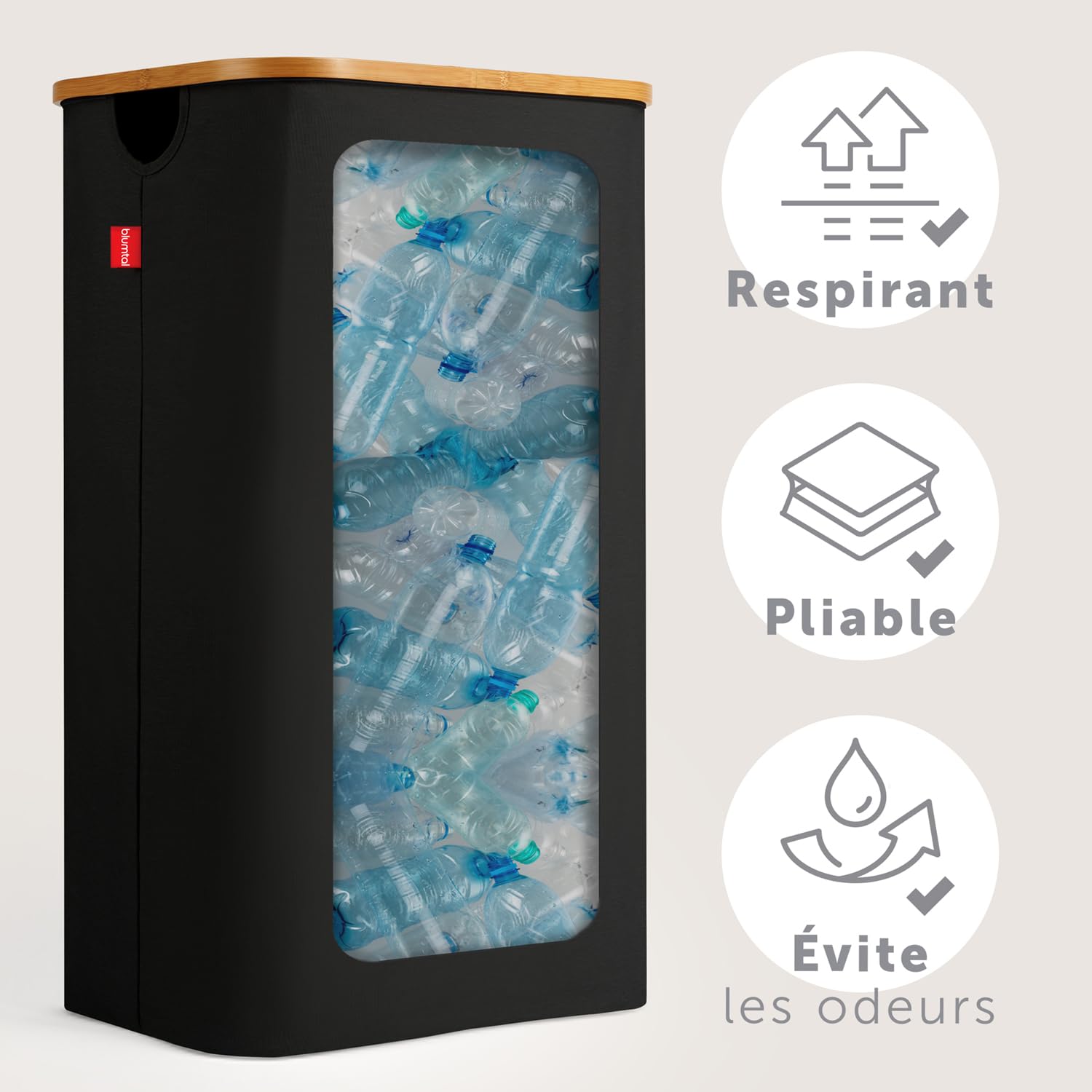 Blumtal Conteneur de consigne pour bouteilles 100L - Organisateur de bouteilles de consigne en bambou avec sac pour bouteilles de consigne - Conteneur de collecte pour bouteilles de consigne noir
