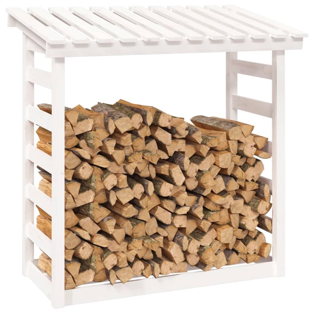 Kaminholzregal Weiß aus massivem Kiefernholz 108x64,5x110 cm, Holzständer für Brennholz Lagerung und Transport, vielseitiger Holzkorb für Kamin, Ofen, Terrasse und Garten