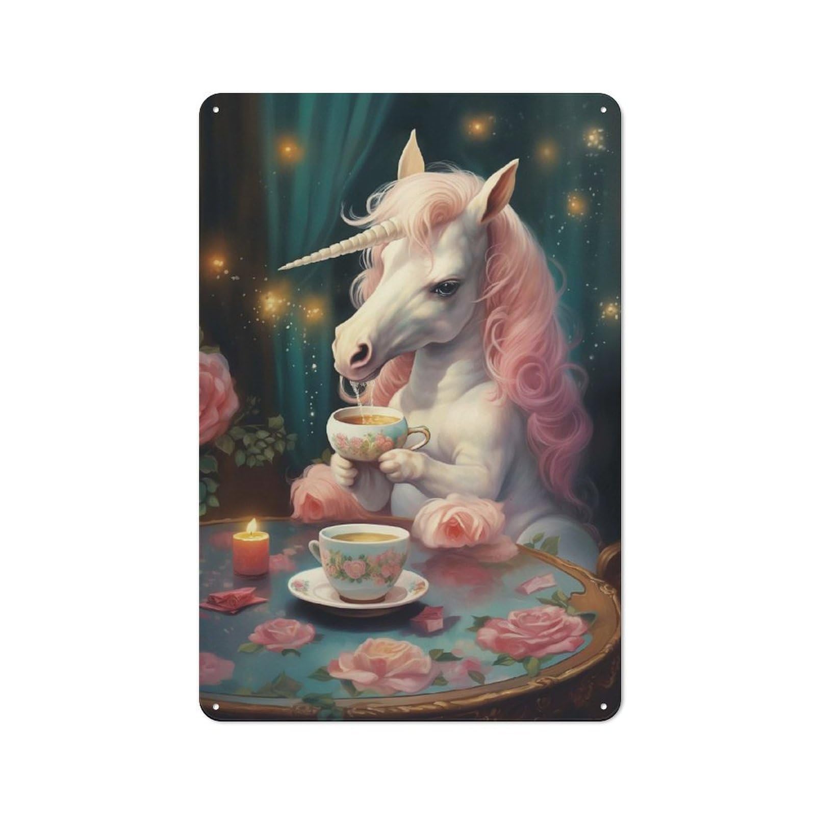 Junmoney Sweet Xmas Tea Unicorn Tin Wall Plaque 30X20cm With For Pub Or Café, A Decorative Christmas Gift For Hospitality Wall Decor Collectors
