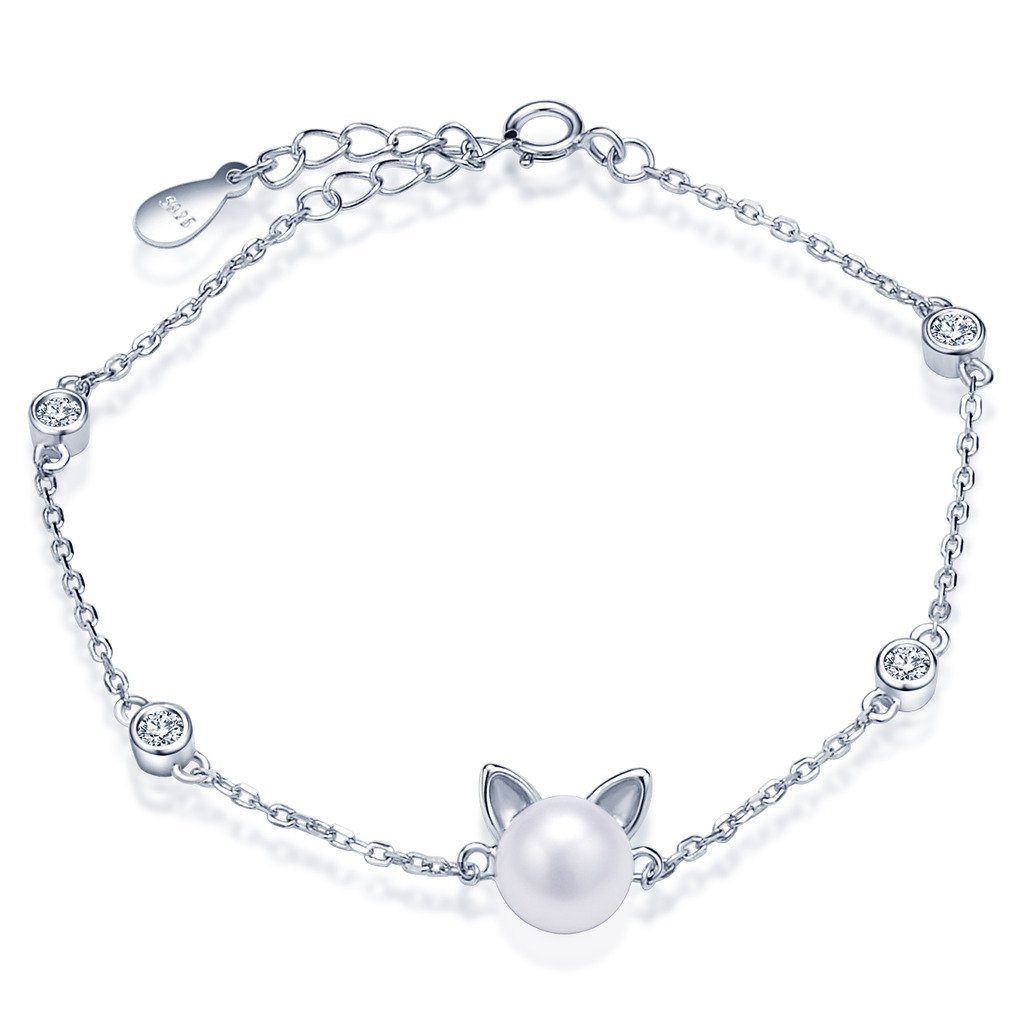 Infinite U Lovely Cat Kitten Kitty Womens Bracelet 925 Sterling Silver Pearl Charm Adjustable Link Chain Bangle, Silver