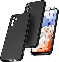 New&Teck Case for Samsung Galaxy A14 4G / 5G + 2 Protective Glasses, Liquid Silicone, Soft TPU Bumper (Black)