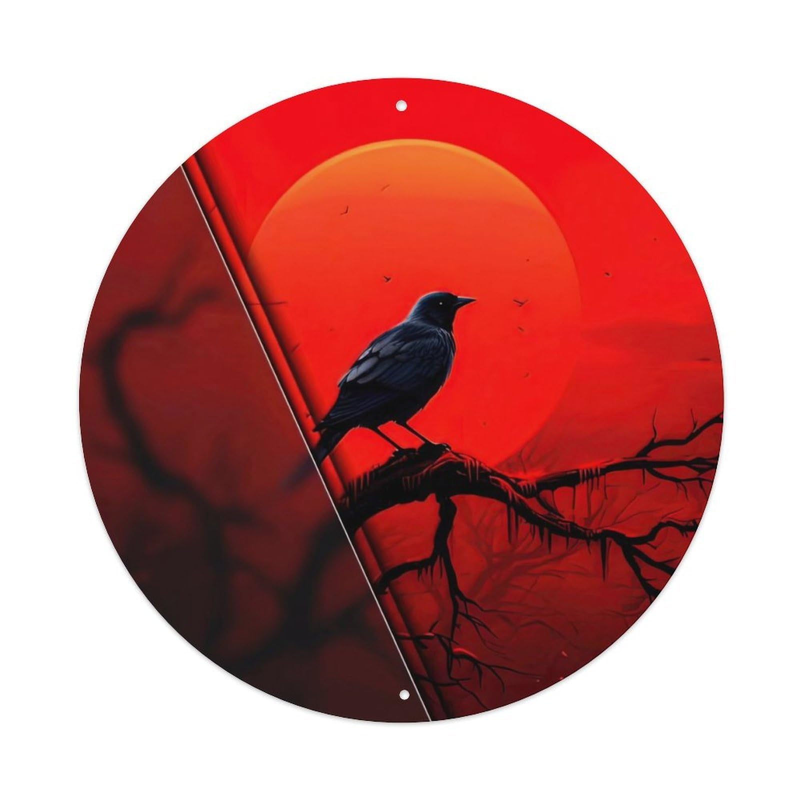 Cwbufd Vintage Style Animal Corvus Corax On Branch With Dramatic Sunset And Split Design Vintage Metal Tin Sign Plaque Wall Decor For Cafe, Club Bar, Office, Garden Metal Poster 8X8inch