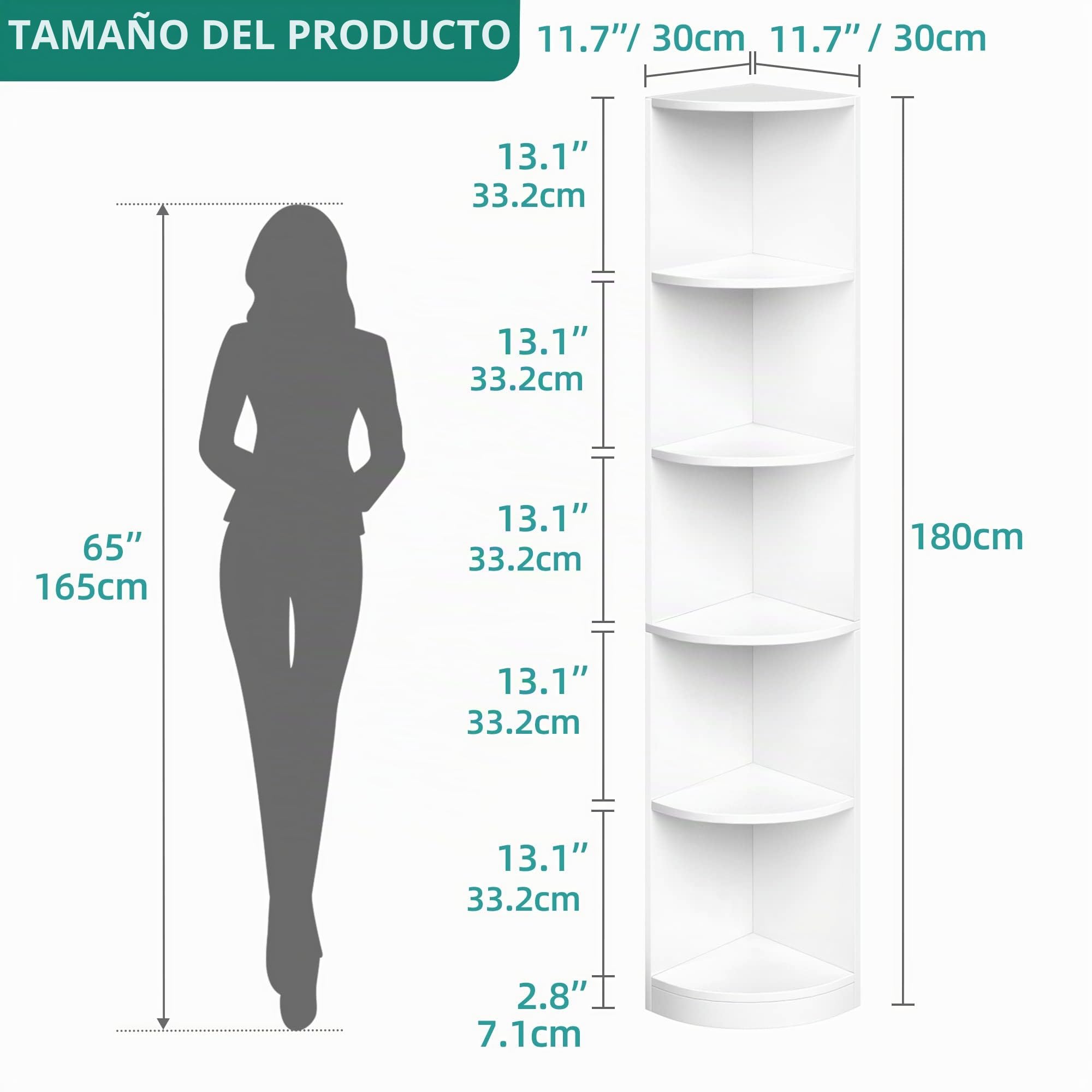 YITAHOME Estante de esquina de 5 niveles, estantería de esquina moderna de 70 pulgadas de alto, estantería de esquina de 5 estantes y estanterías, oficina en casa, color blanco
