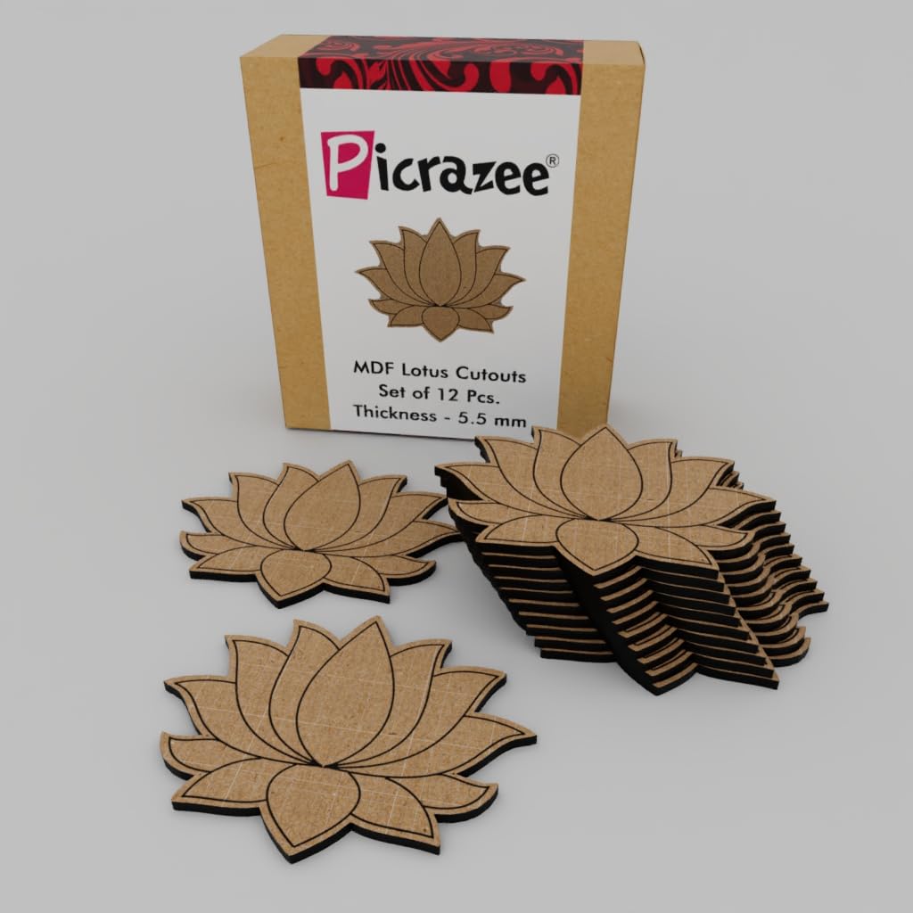 PICRAZEE Mdf Diy Cutouts Lotus (12 Pcs) Plain Mdf Blank Cutouts For Diy, Artwork, Decoupage, Resin Art, Craft Project, Hom...