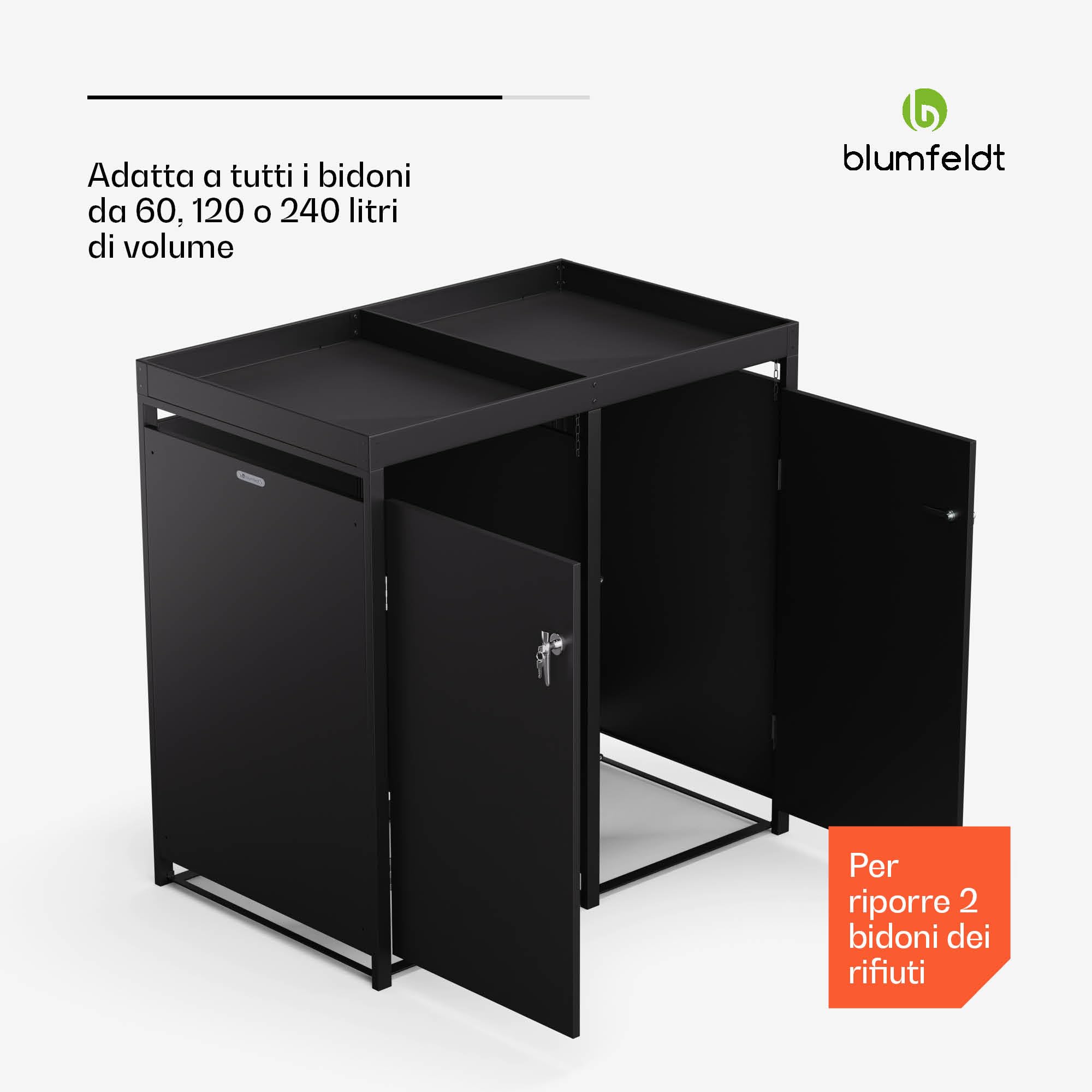 Blumfeldt BinSafe - Copri Bidone della Spazzatura –Acciaio Zincato Resistente, 2 Sportelli & Tetto a Fioriera, Adatto a Bidoni 60L/120L/240L, Serratura a Chiave, Design Moderno, Copribidone da Esterno
