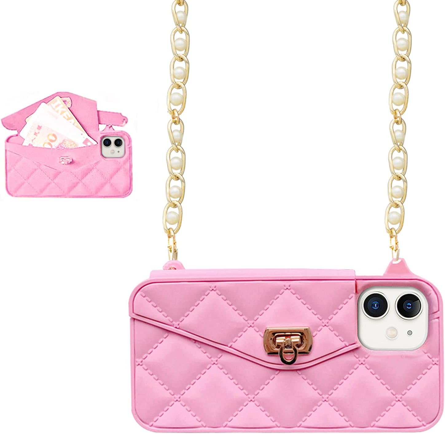 UnnFiko Wallet Case Compatible with iPhone 12 mini, Purse Flip Card Holder Soft Silicone Case Cover with Handstrap & Long Pearl Crossbody Chain (Pink, iPhone 12 mini)