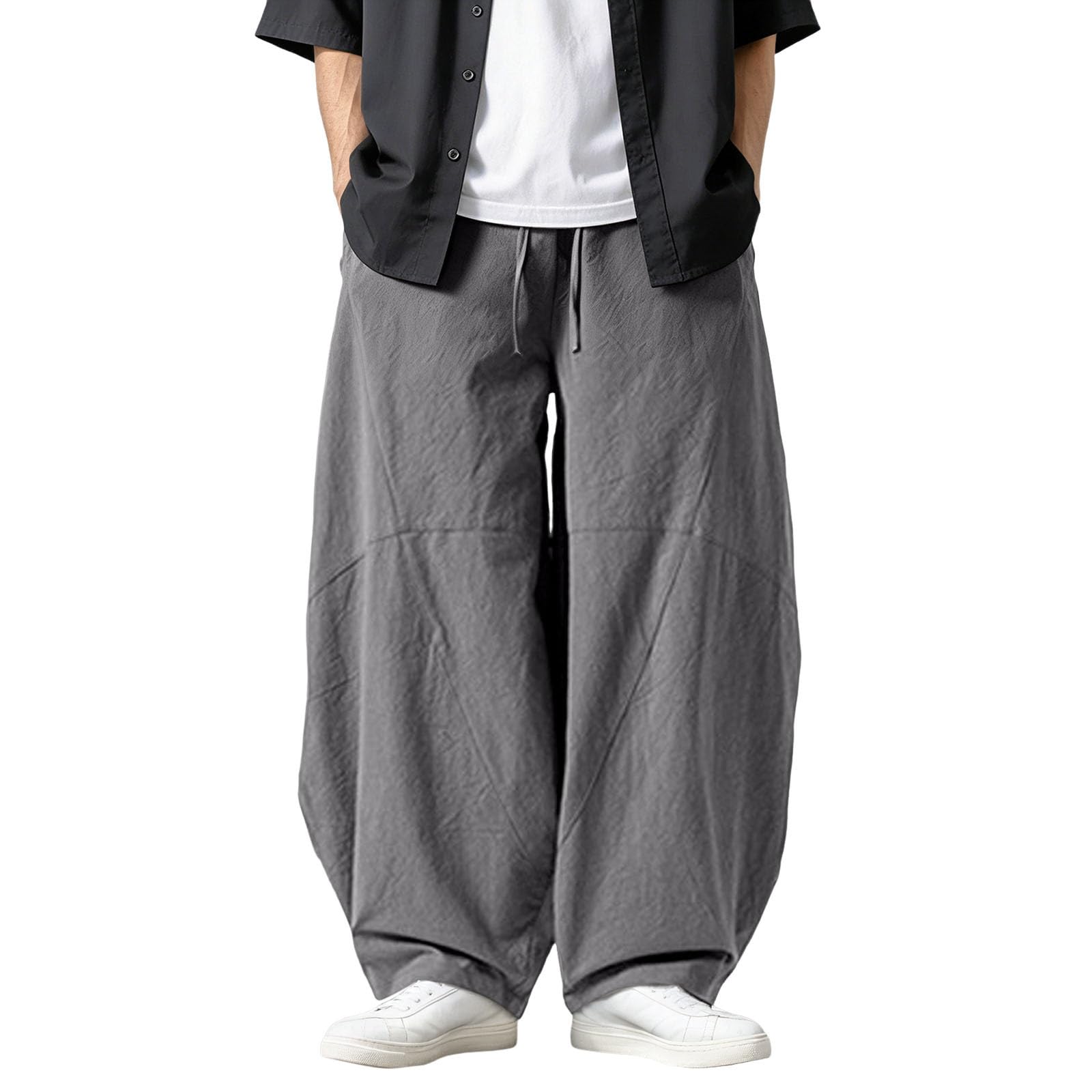 Pantalones de lino para hombre, largos, ligeros, elásticos, sueltos, informales, con bolsillos, harén, de lino, pantalones de yoga, pantalones piratas largos, hippie, pantalones casuales, holgados