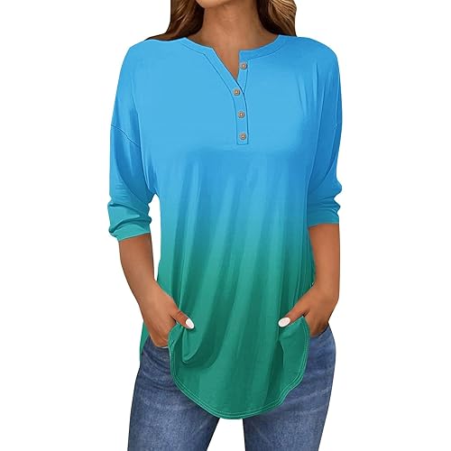 3/4 Sleeve Tunic Tops for Women 2025 Casual Henley Summer Shirts Relaxed Fit Three Quarter Length Sleeve Printed