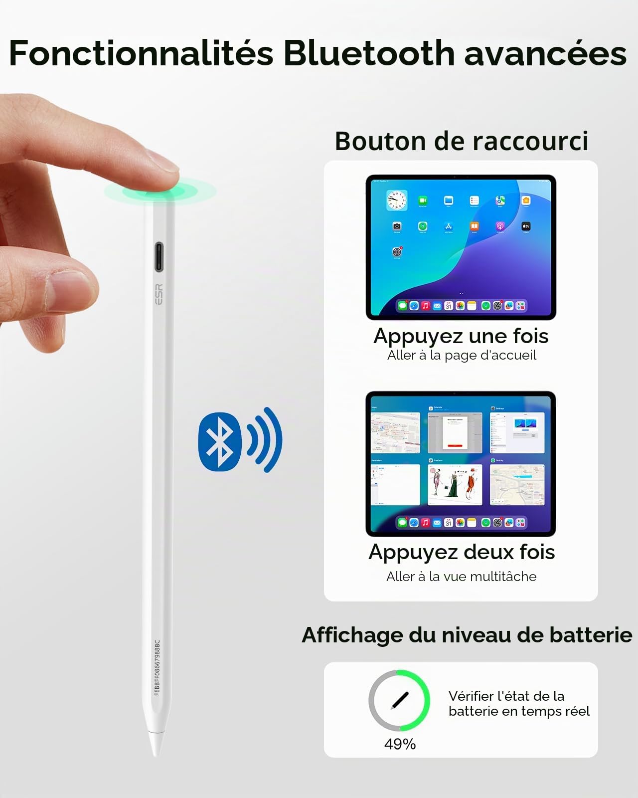ESR Find My Stylet Digital Pencil Pro pour iPad 2018-2025, sensibilité à l'inclinaison, Blanc
