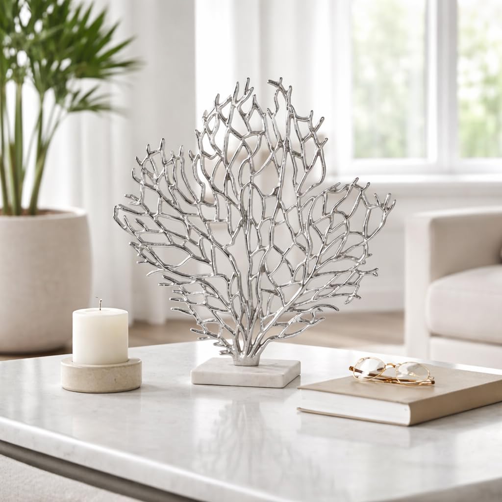 Coral on Marble Base for Home and Bathroom Decor - Coastal-Inspired Sculpture with Metal Design for Coffee Table Decor - Aluminum Sea Accent for Shelf or Living Room Display - 21", Silver & Metallic