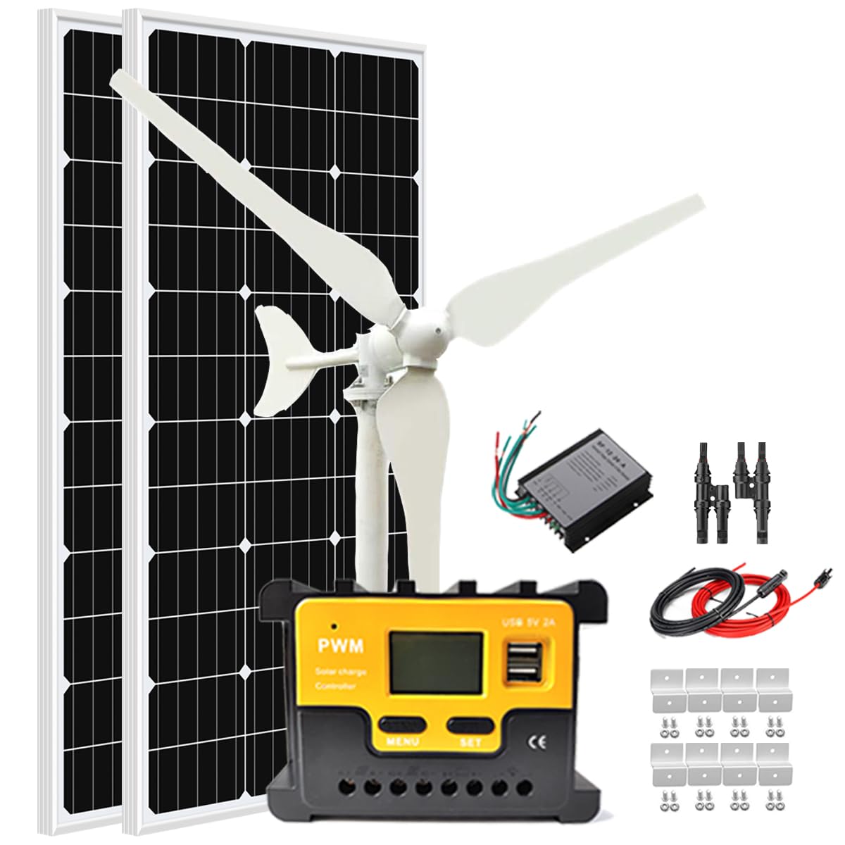 300W Solar Panel Wind Turbine Generator Kit: 100W 12V Wind Turbine + 100W Monocrystalline Solar Panel + Charge Controller + Z Brackets Mount + Cable Connections for Home Cabin Shed Boat RV