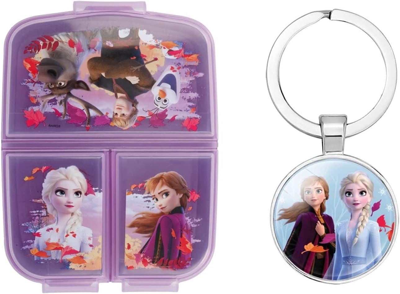 Frozen Reusable Sandwich Lunch Box - 3 Multi Compartment for Kids, Children School - Includes Keychain (Frozen II)